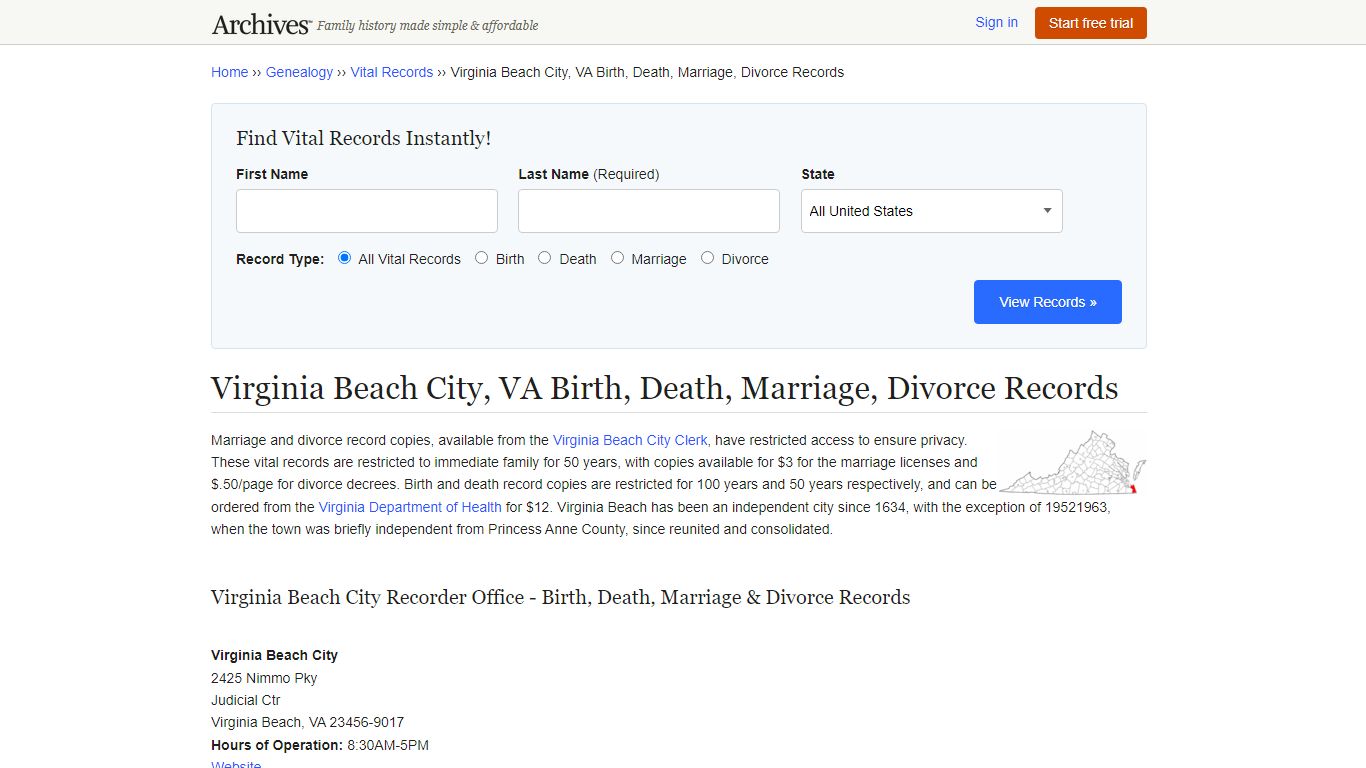 Virginia Beach City, VA Birth, Death, Marriage, Divorce Records